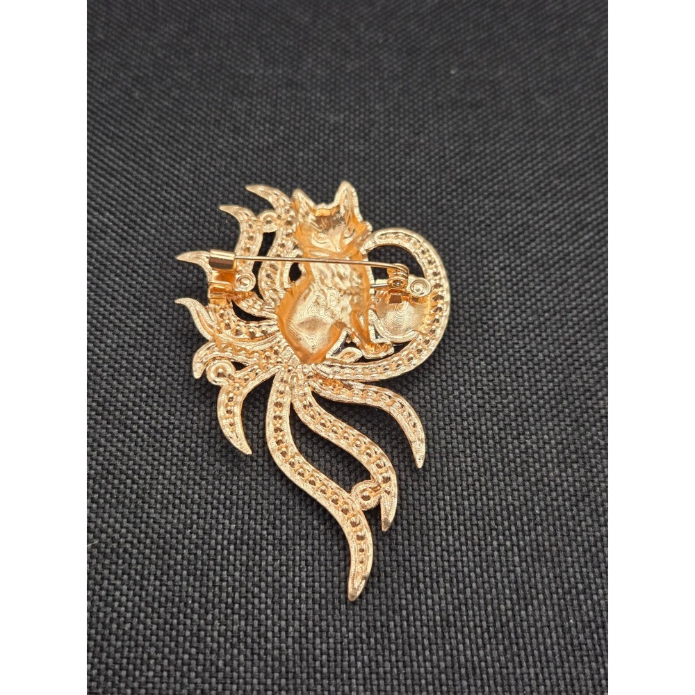 Gold Tone Kitsune Nine Tailed Fox Brooch Blue Enamel Rhinestone Crystal Pin - Picture 2 of 3